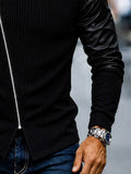 Statement Turtleneck Asymmetrical Zip PU Sleeves Sweater