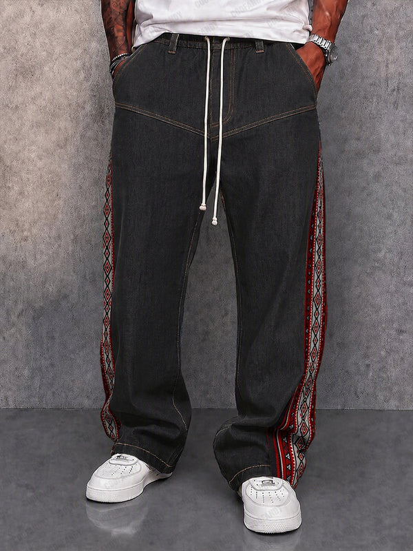 Street Style Jacquard Panels Faux Denim Pants