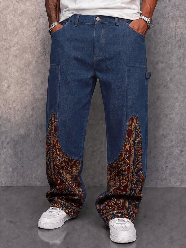 Denim-look Paisley Patchwork Drawstring Pants