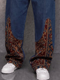 Denim-look Paisley Patchwork Drawstring Pants