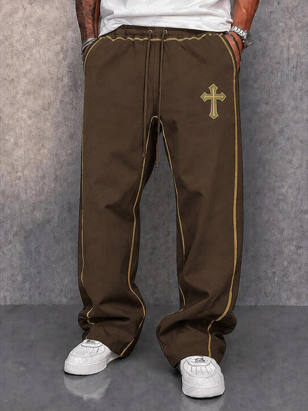 Mens Cross Embroidered Drawstring Pants | Casual Contrast Stitch