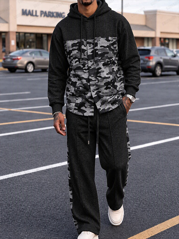 Casual Street Style Camo Panel Hoodie Set