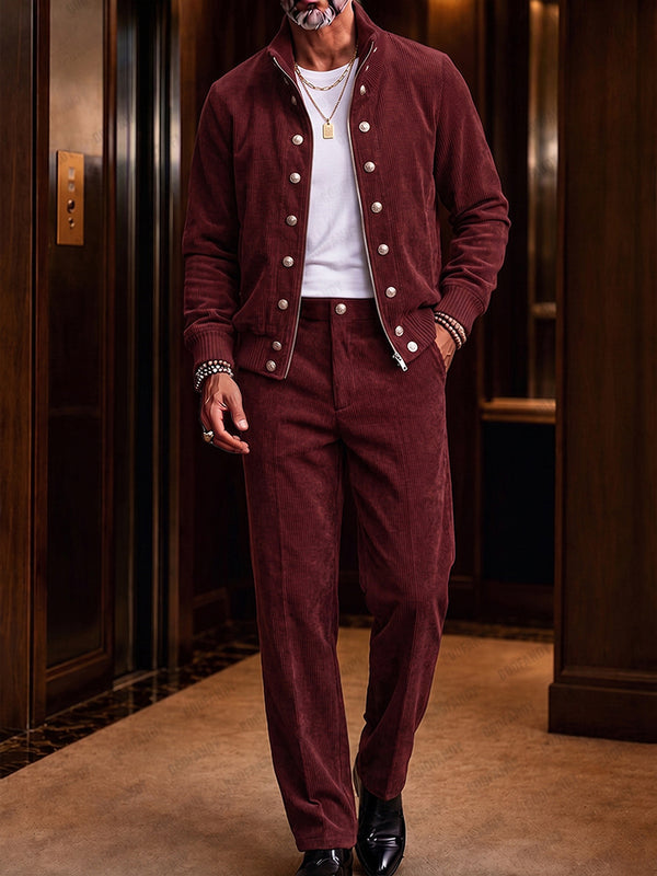 Elevated Casual Stand Collar Corduroy Zip Jacket Set