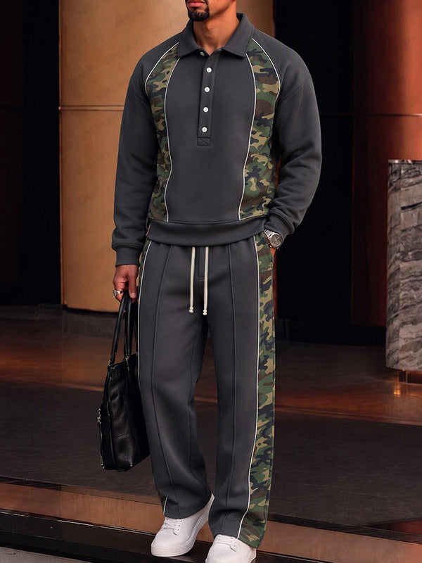 Trendy Camo Patchwork Sweatshirt Pants Set