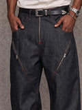 Urban Streetwear Contrast Stitch Jeans with Zip Detail