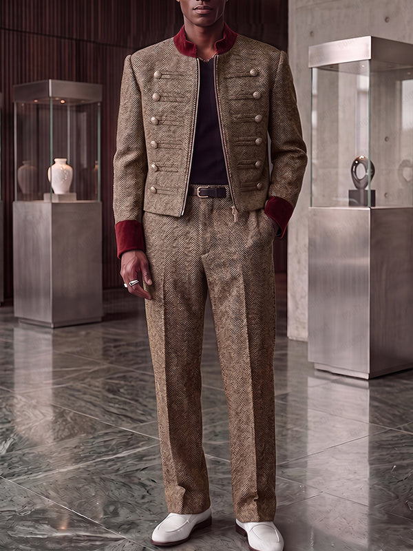 Retro Elegant Herringbone Zip Jacket Pants Set