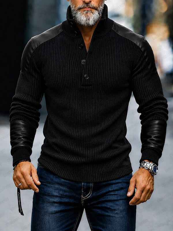 Stylish Faux Leather Panel Knit Pullover Top