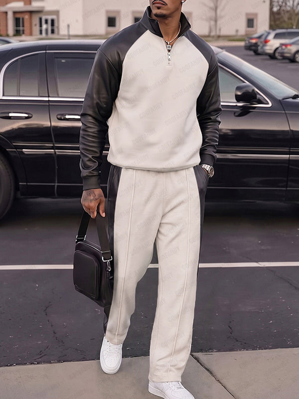 Urban Casual Faux Leather Panel Sweatsuit Set