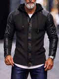 Style Hooded Pu Patchwork Knit Cardigan Jacket