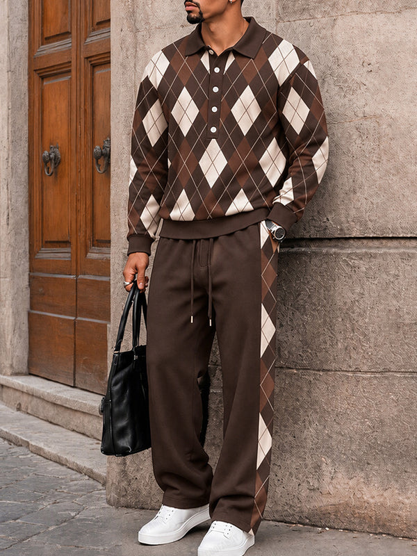 Casual Argyle Polo Sweater and Pants Set