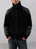 Casual Faux Leather Panel Stand Collar Knit Cardigan
