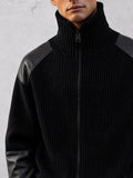 Casual Faux Leather Panel Stand Collar Knit Cardigan