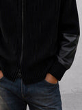 Casual Faux Leather Panel Stand Collar Knit Cardigan