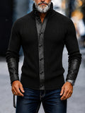 Streetwear Faux Leather Patchwork Knit Cardigan