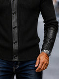 Streetwear Faux Leather Patchwork Knit Cardigan