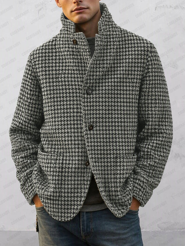Classic Houndstooth Stand Collar Lined Jacket