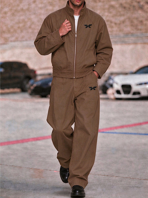 Cotton Zip Bomber Jacket and Straight Leg Pants Set