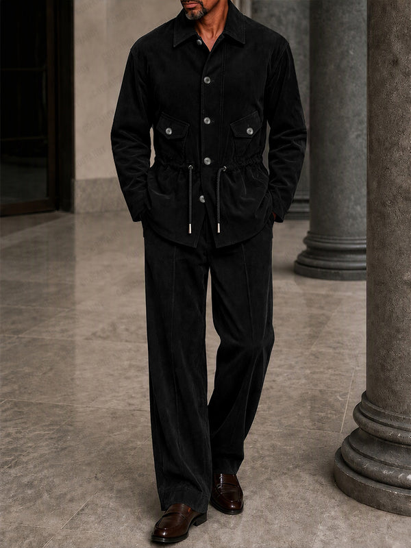 Retro Velvet Drawstring Waist Jacket Pants Set