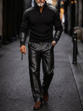 Urban Streetwear Faux Leather Ribbed Knit Top Set