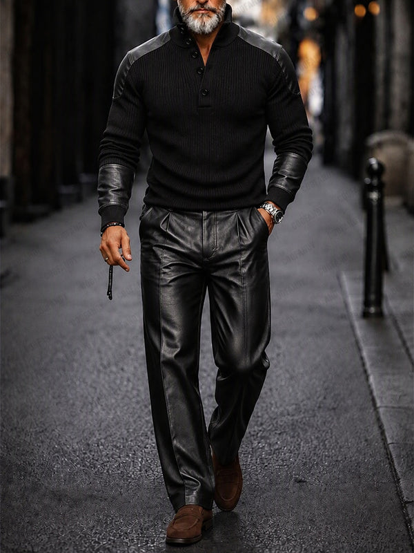 Urban Streetwear Faux Leather Ribbed Knit Top Set