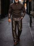Urban Streetwear Faux Leather Ribbed Knit Top Set