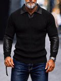Fashion Faux Leather Patchwork Knit Polo Top