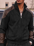 Casual Faux Leather Panel Jacket Pants Set