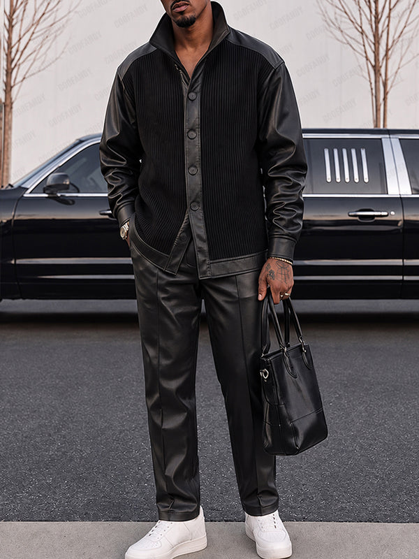 Streetwear Ribbed Knit Faux Leather Matching Set