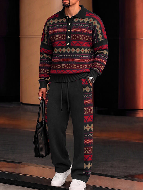 Ethnic Inspired Pattern Polo Shirt and Pants Set