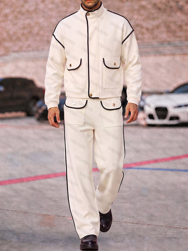 Casual Bold Contrast Piping Jacket Pants Set