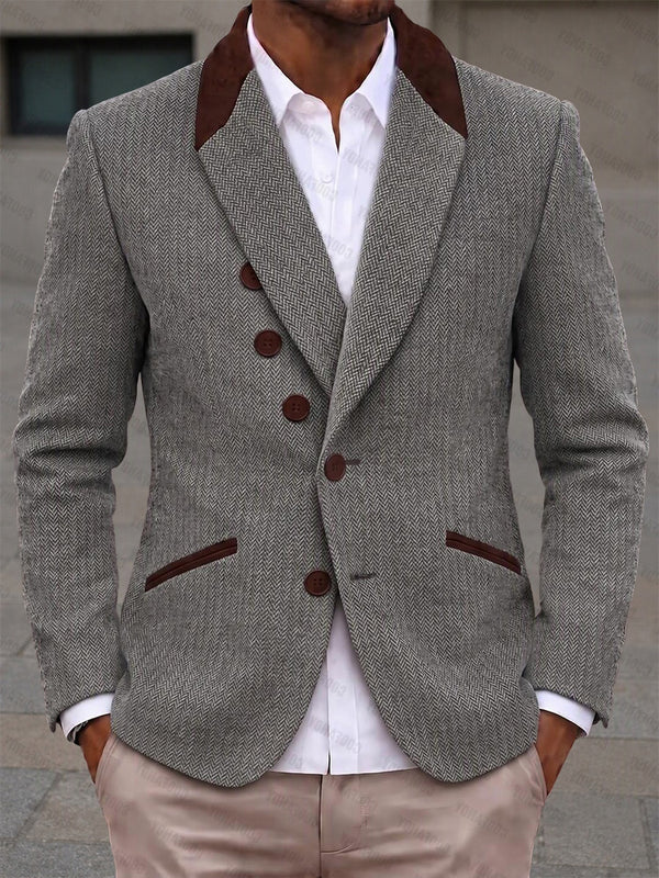 Smart Casual Contrast Lapel Herringbone Blazer
