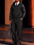 Smart Casual Faux Leather Paneled Hood Jacket Set