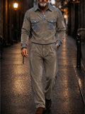 Retro Denim-Look Velvet Patchwork 2-Piece Set