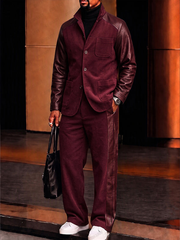 Fashion Faux Leather Patchwork Suede Jacket Pants Set