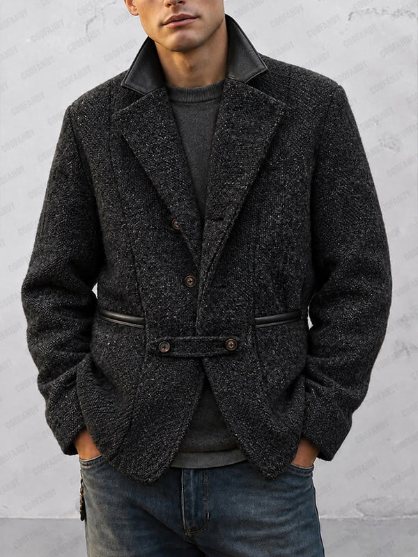 Casual Faux Leather Trim Tweed Blazer