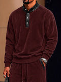 Casual PU Leather Panel Corduroy Matching Set