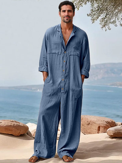 Leisure Relaxed Fit 100% Cotton Jumpsuit Sets coofandy Blue M 
