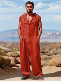 Casual 100% Cotton Sleeveless Hooded Jumpsuit Sets coofandy Orange M 