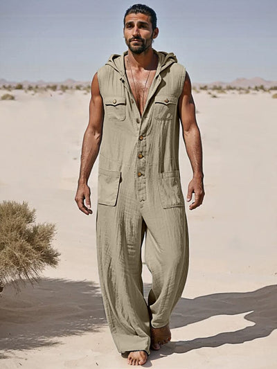 Stylish 100% Cotton Sleeveless Hooded Jumpsuit Sets coofandy Light Khaki M 