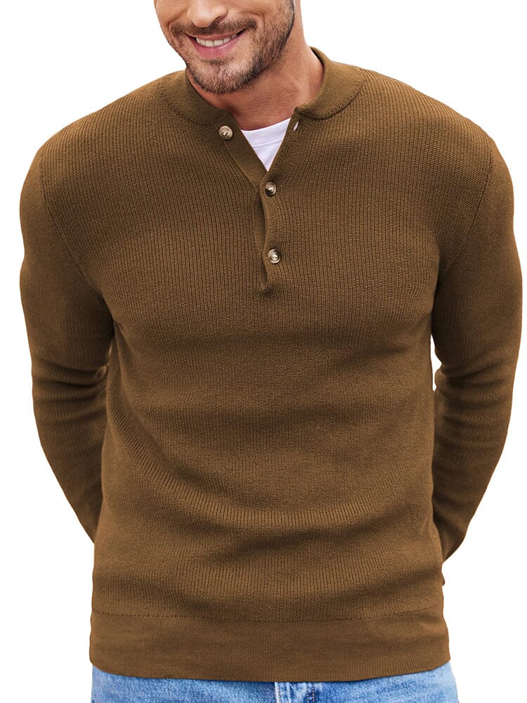 Classic Henley Collar Knit Sweater (US Only) Sweater coofandy Brown S 