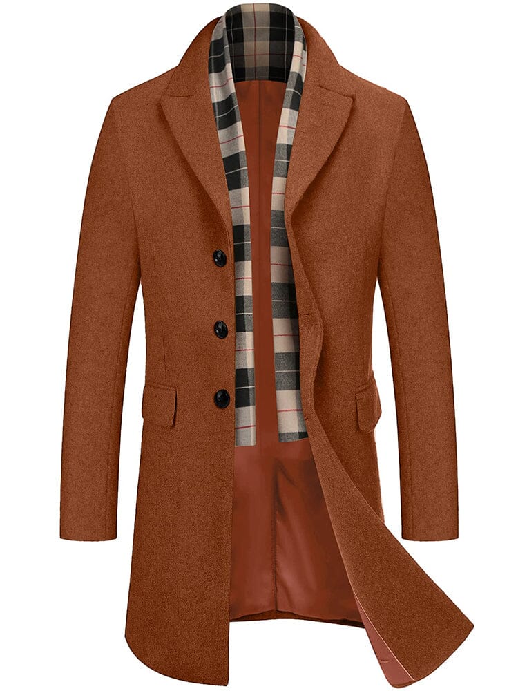 Wool Blend Coat with Detachable Plaid Scarf (US Only) Coat COOFANDY Store Brown S 