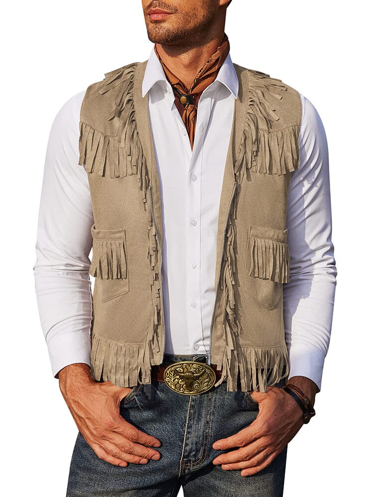 Western Cowboy Fringe Suede Vest (US Local) Vest coofandy Khaki S 