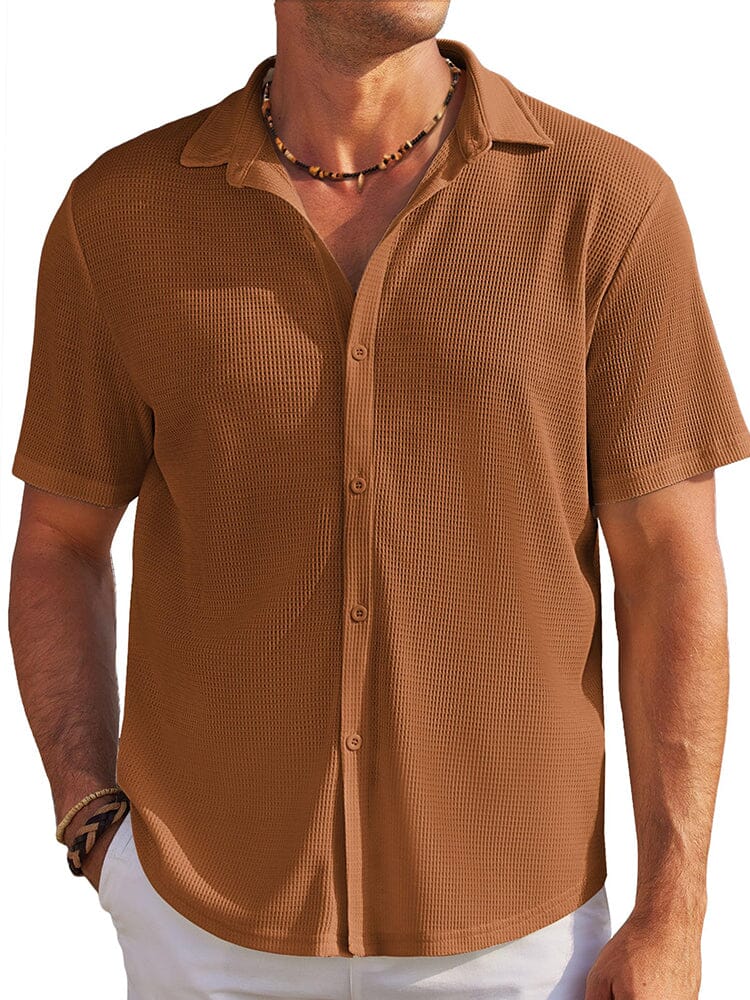 Casual Waffle Knit Button Down Shirt (US Only) Shirts & Polos coofandy Light Brown S 