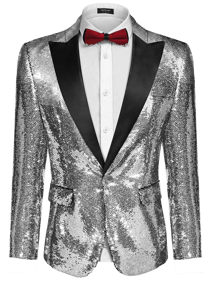 Men's Shiny Sequins Suit Jacket (US Only) Blazer coofandy Silver Grey XS 