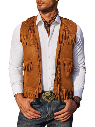 Western Cowboy Fringe Suede Vest (US Local) Vest coofandy Brown S 