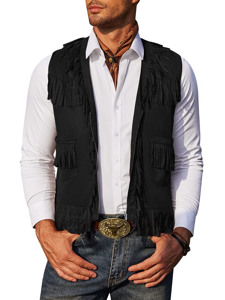 Western Cowboy Fringe Suede Vest (US Local) Vest coofandy Black S 