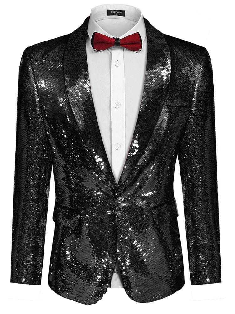 Men's Shiny Sequins Suit Jacket (US Only) Blazer coofandy Pitch Black XS 