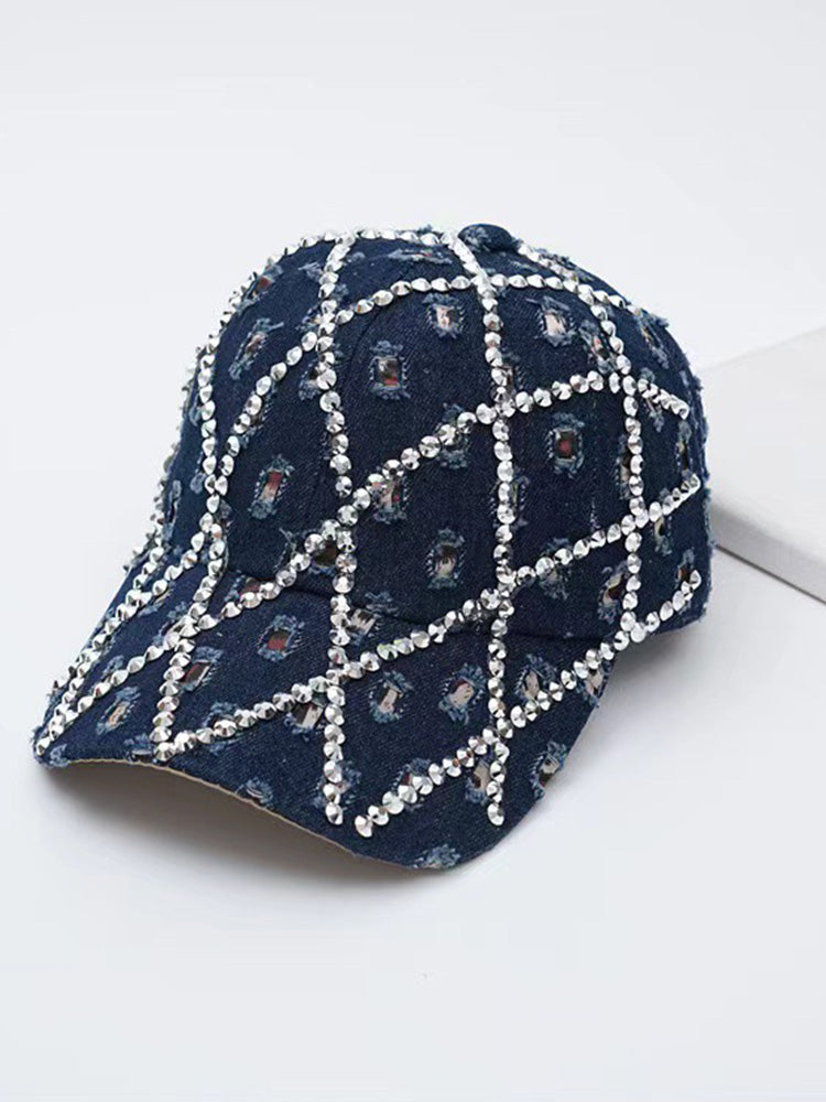 Sparkling Rhinestone Destroyed Torn Denim Cap