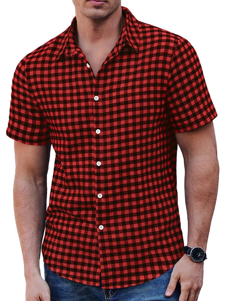 Classic Short Sleeve Checkered Shirt Shirts coofandy Red/Black S 