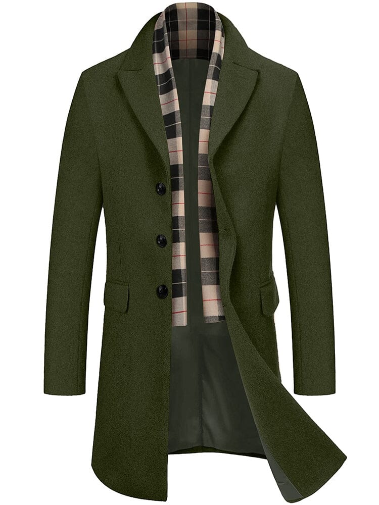 Wool Blend Coat with Detachable Plaid Scarf (US Only) Coat COOFANDY Store Army Green S 